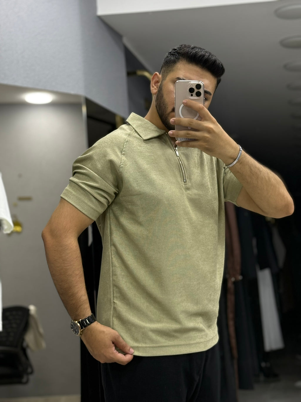 Erkek Yarım Fermuarlı Polo Yaka Kısa Kollu Üst
